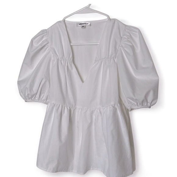 🌿Women’s White V-Neck Puff Sleeve Babydoll White Blouse Size M - Picture 2 of 10